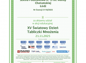 Certyfikat dla SP 19 za udział w akcji Światowy Dzień Tabliczki Mnożenia